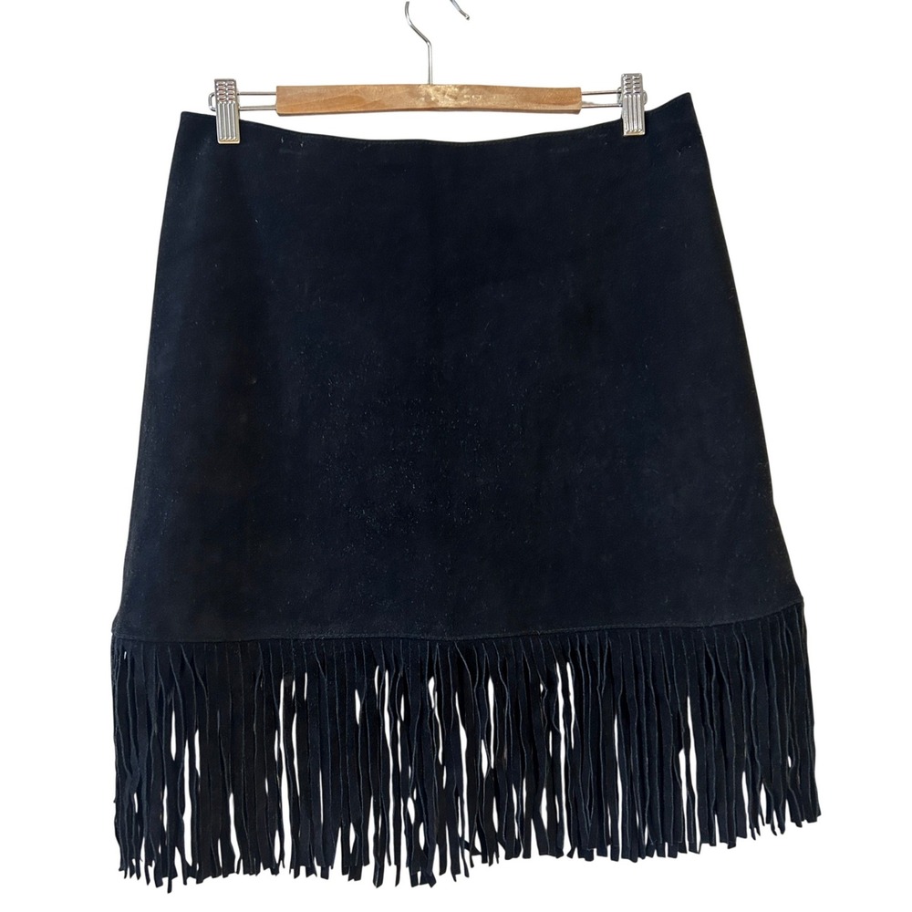 VTG Passport Suede Skirt Sz 13(L) Black Leather Fringe Western Boho Festival NWT